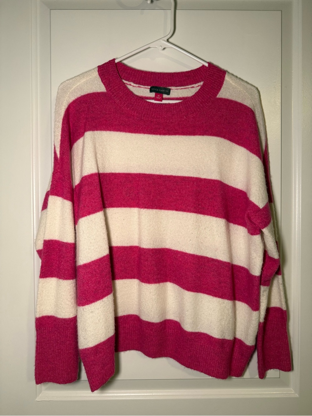 Vince Camuto Hot Pink and Cream Striped Crewneck Sweater
